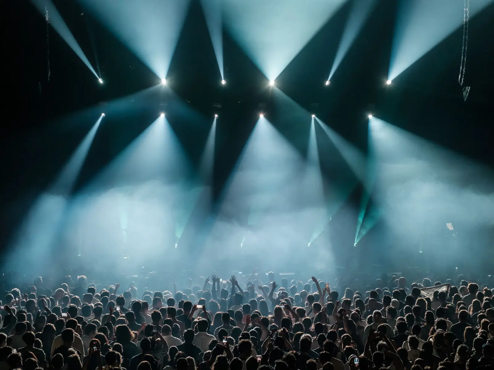 Concert crowd under dense stage lighting during a live set.